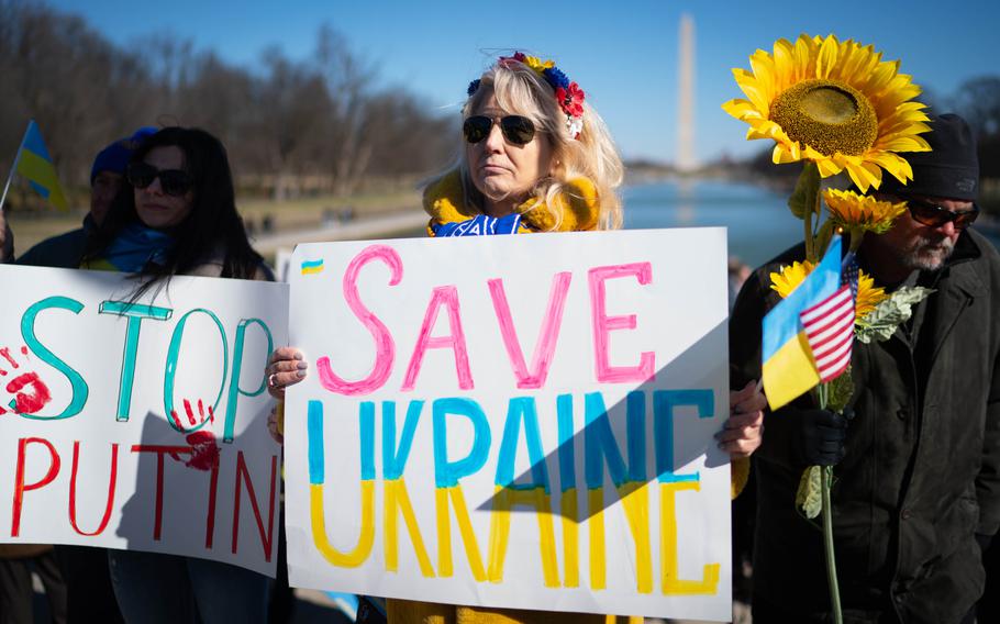 A demonstration in Washington this year urges support for Ukraine and presses President Biden to take a stronger stance against Russia.