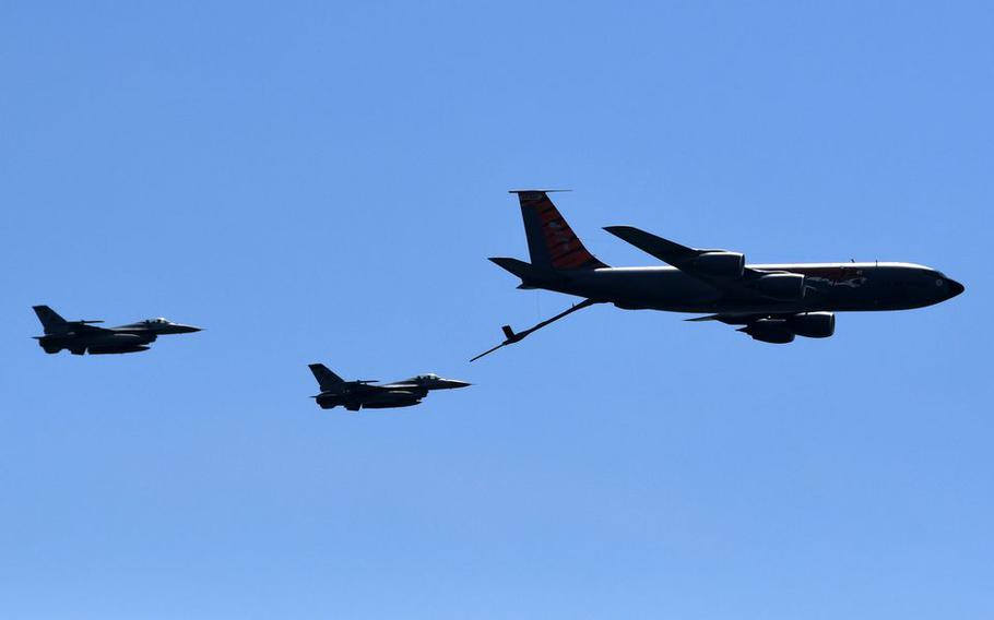 Aircraft from the New Jersey Air National Guard 177th Fighter Wing perform during the 2023 Visit Atlantic City Airshow on Wednesday, August 16, 2023.