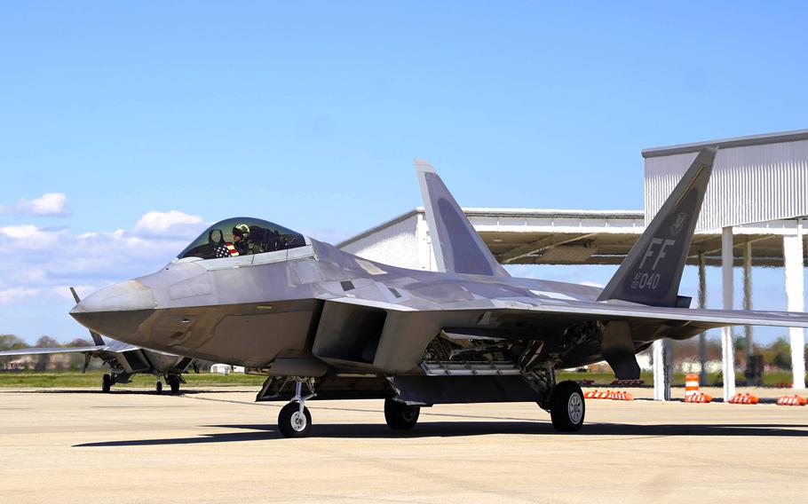 U.S. Air Force Lt. Col. Andrew Gray, 71st Fighter Squadron commander, taxis one of the first two 71st Fighter Squadron’s F-22s to arrive at Joint Base Langley-Eustis, Va., Wednesday, March 29, 2023. Gray and Lt. Col. Matthew Evers, 71st Fighter Squadron director of operations, flew the first two aircraft from Tyndall Air Force Base, Fla, to JBLE, where they will be assigned to the 71st, the new home of the F-22 Formal Training Unit.