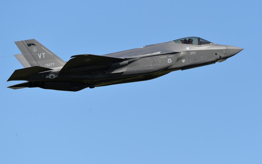 An F-35 Lightning II of the Vermont Air National Guard's 158th Fighter Wing takes off from Spangdahlem Air Base, Germany, on June 14, 2023, during Air Defender 23. The German-led NATO air exercise is the largest in the alliance's history.