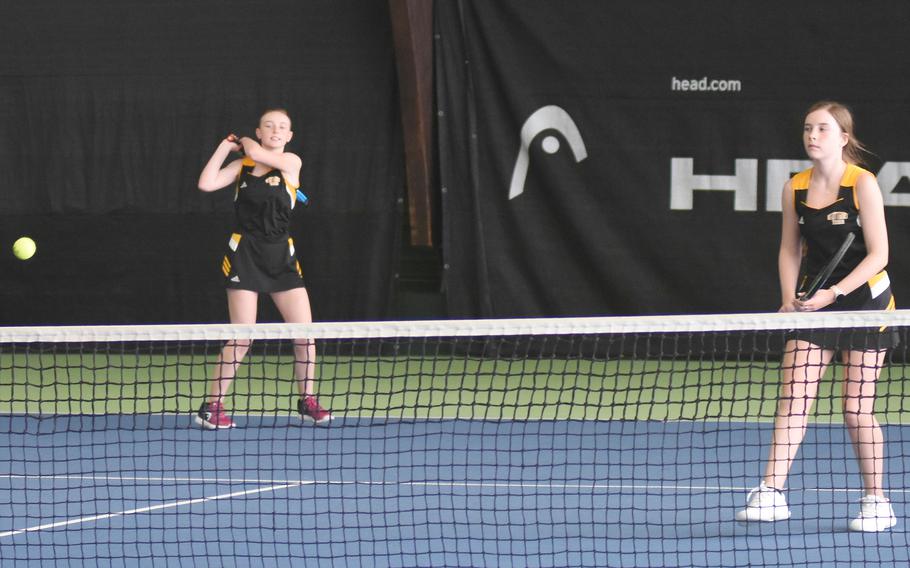 Stuttgart’s Kiera French, left, and Devin French finished runners-up in doubles to Kaiserslautern at the DODEA European tennis championships in Wiesbaden, Germany, on Saturday, Oct. 22, 2022.