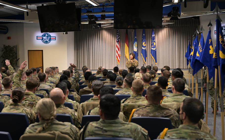Chief Master Sgt. of the Air Force JoAnne S. Bass speaks with Kisling Noncommissioned Officer Academy and Airman Leadership School students during her visit to Kapaun Air Station, Germany, Nov. 30, 2021. It was her first official visit to Germany since assuming her post in August 2020.