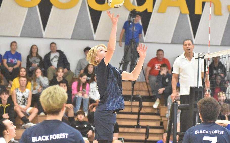 Black Forest Academy junior Timothy Sivonen was named most valuable player in the DODEA-Europe boys volleyball championships after leading the Falcons to a three-set victory over Rota on Saturday, Oct. 28, 2023.
