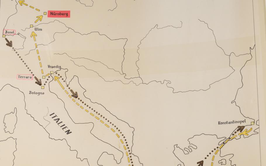 A map showing the 15th century journeys of Cardinal Nicholas of Cusa to Constantinople and back.