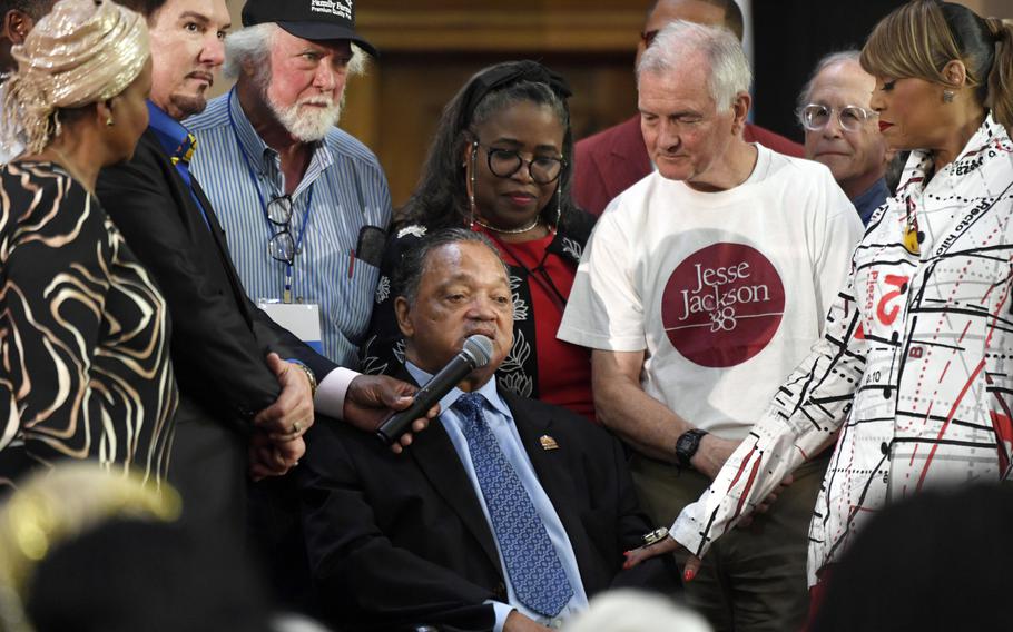 The Rev. Jesse Jackson announces that he is stepping down as president of the Rainbow PUSH Coalition, Saturday, July 15, 2023, in Chicago.
