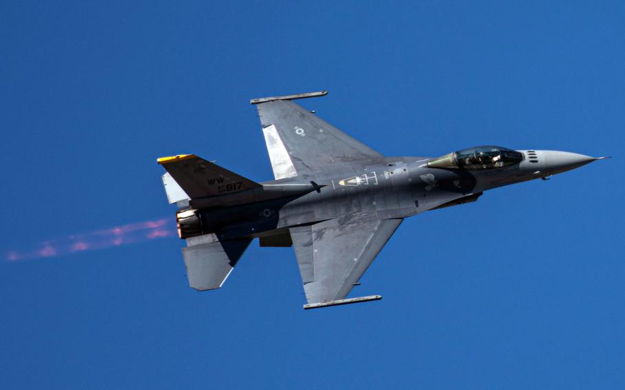 An F-16 Fighting Falcon flies over Seoul Air Base, South Korea, Oct. 17, 2021. 