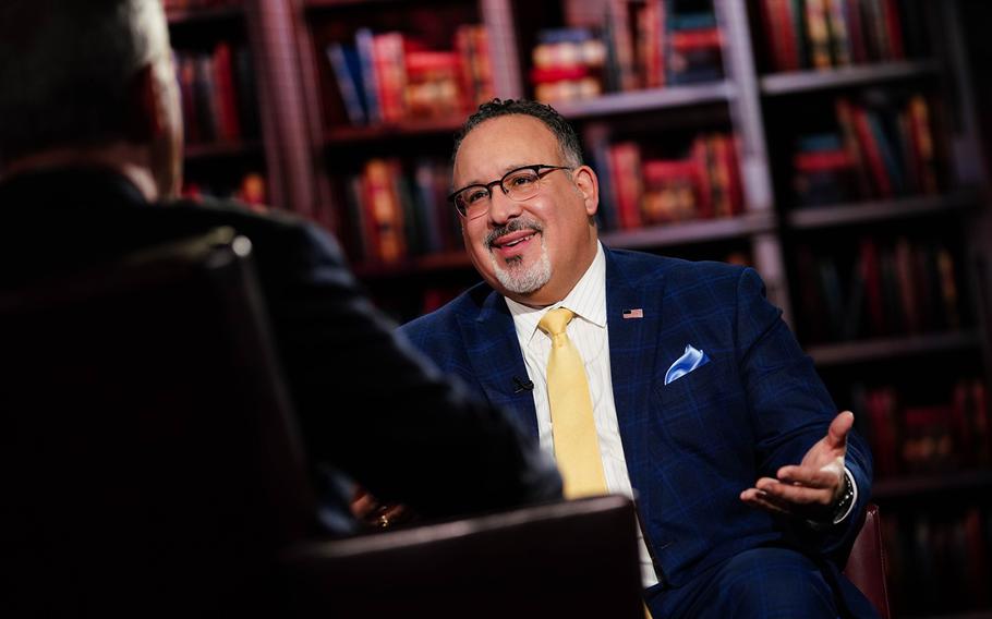 Miguel Cardona, U.S. education secretary, during a Bloomberg Television interview in New York on Friday, Jan. 5, 2024.