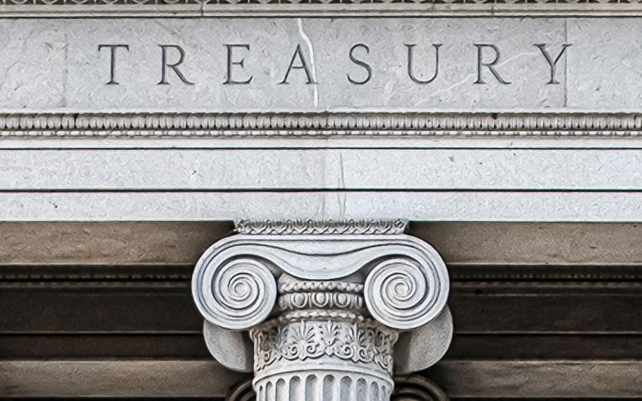 A portion of the U.S. Treasury building is seen in Washington, D.C., on July 6, 2022. According to reports on Friday, Feb. 2, 2024, the United States imposed a number of sanctions targeting Iran’s ballistic-missile and drone programs.