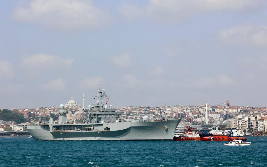 USS Mount Whitney at anchor in Istanbul on Aug. 18, 2023, during a scheduled visit to Turkey.