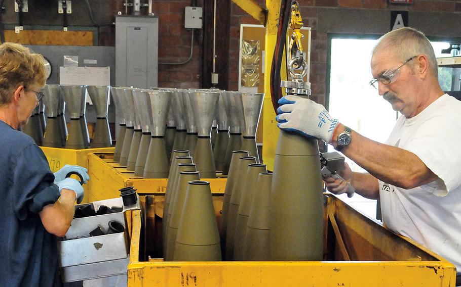 Employees at the Iowa Army Ammunition Plant prepare 155 mm artillery rounds to be filled in October 2020. The versatility of the rounds has made demand for them high in Ukraine, and Western suppliers are struggling to keep pace.