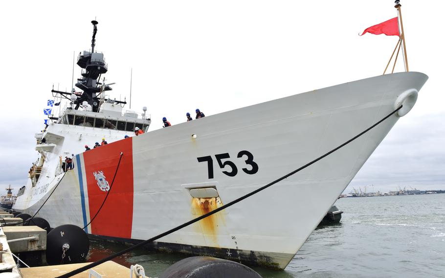 The USCGC Hamilton moors to the pier in North Charleston, S.C., Dec. 21. 2022, after completing a 94-day deployment to the Baltic Sea in support of U.S. 6th Fleet. 