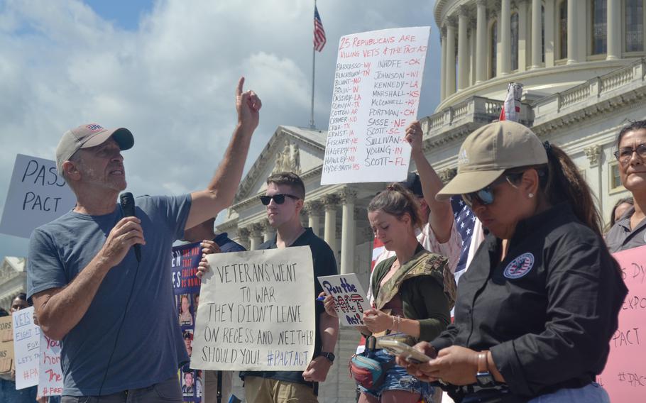 Comedian Jon Stewart and Rosie Torres, co-founder and executive director of veteran organization Burn Pits 360, lead a rally at the Capitol building in Washington on Monday, Aug. 1, 2022. Stewart and Torres joined veterans and advocates who have been protesting on the building’s steps since last week after 25 senators voted against burn pits legislation.