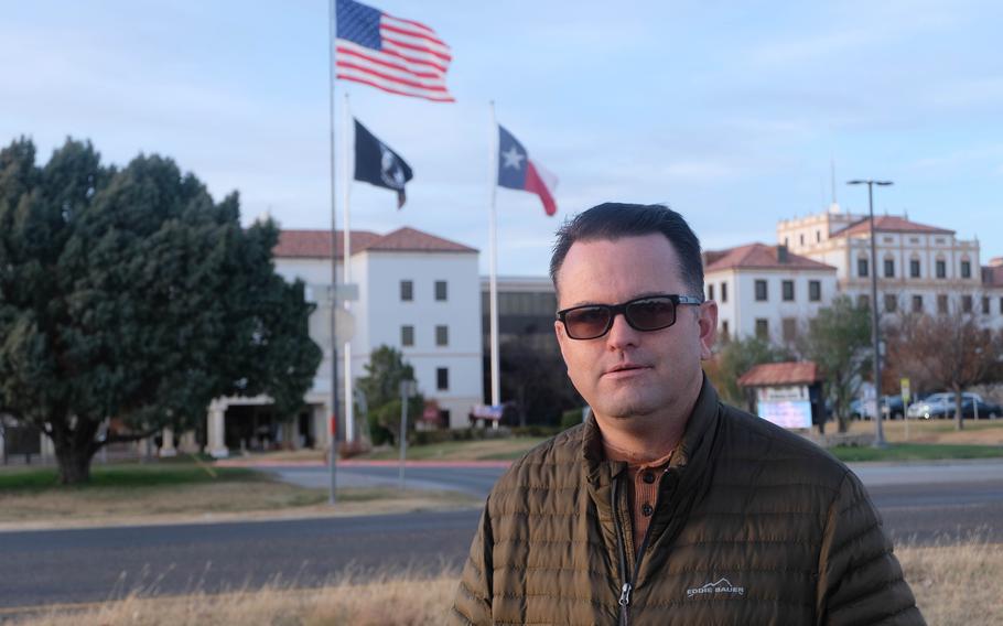 Ryan Brightbill, founder of Panhandle Texans for Medical Choice talks about his opposition to COVID-19 vaccine mandates Friday, Nov. 19, 2021, at Thomas E. Creek VA Medical Center in Amarillo, Texas.