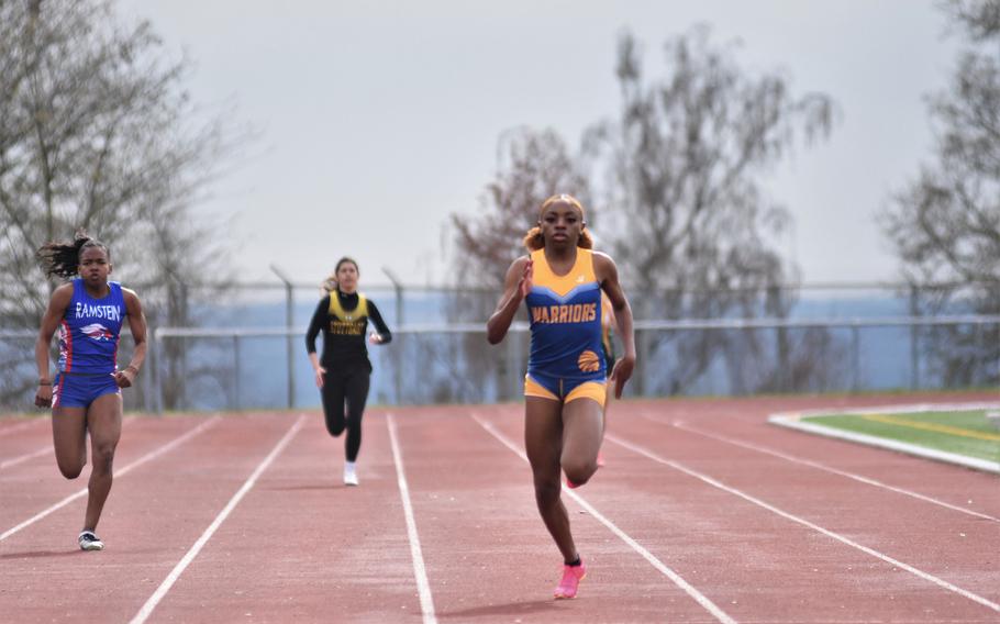 Wiesbaden junior Makiah Parker won the 100-, 200- and 400-meter dashes on Saturday at Wiesbaden High School, Germany. Parker, the defending European champion in those events, also anchored her team’s winning 1,600-relay.
