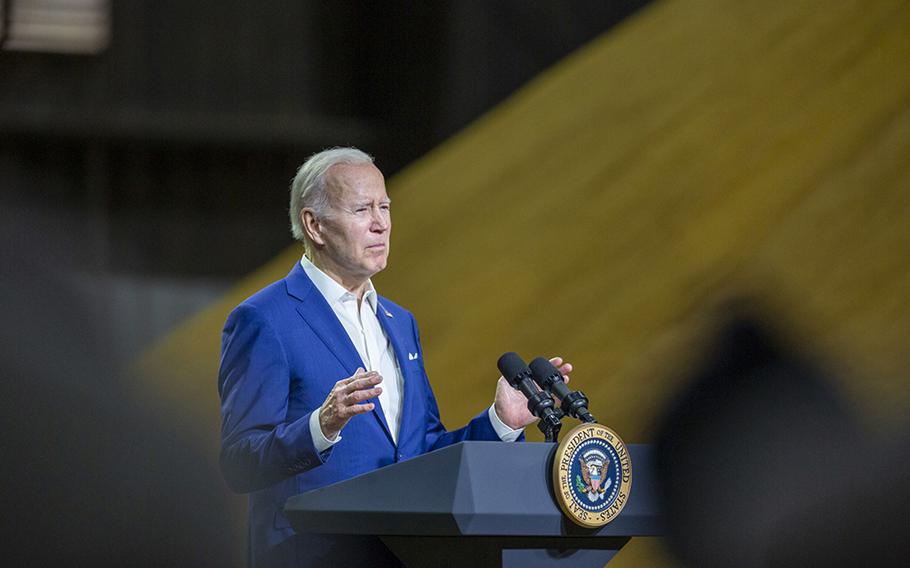U.S. President Joe Biden speaks at the POET Bioprocessing facility in Menlo, Iowa, U.S., on Tuesday, April 12, 2022. 