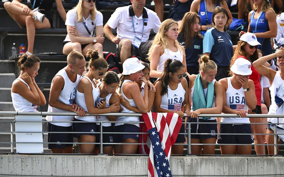 Fans and teammates react after Anita Alvarez of United States collapsed during the solo free final of the artistic swimming at the 19th FINA World Championships in Budapest, Hungary, on Wednesday, June 22, 2022. 
