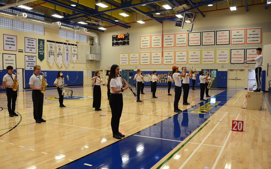 The Panther Marching Band performs "I Got a Feeling," by the Black Eyed Peas, at Yokota High School at Yokota Air Base, Japan, Aug. 13, 2022.