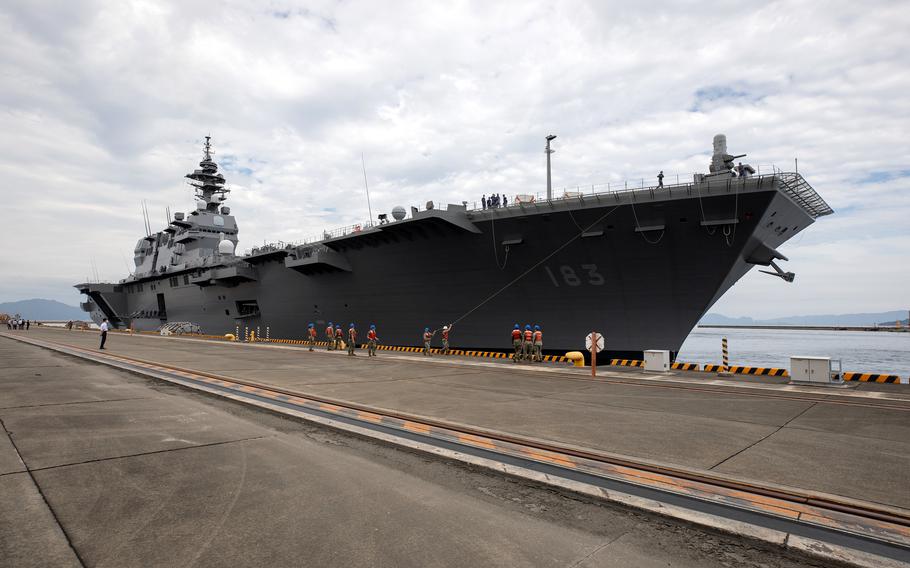 The Japanese helicopter carrier JS Izumo arrives at Marine Corps Air Station Iwakuni, Japan, Thursday, Sept. 30, 2021.