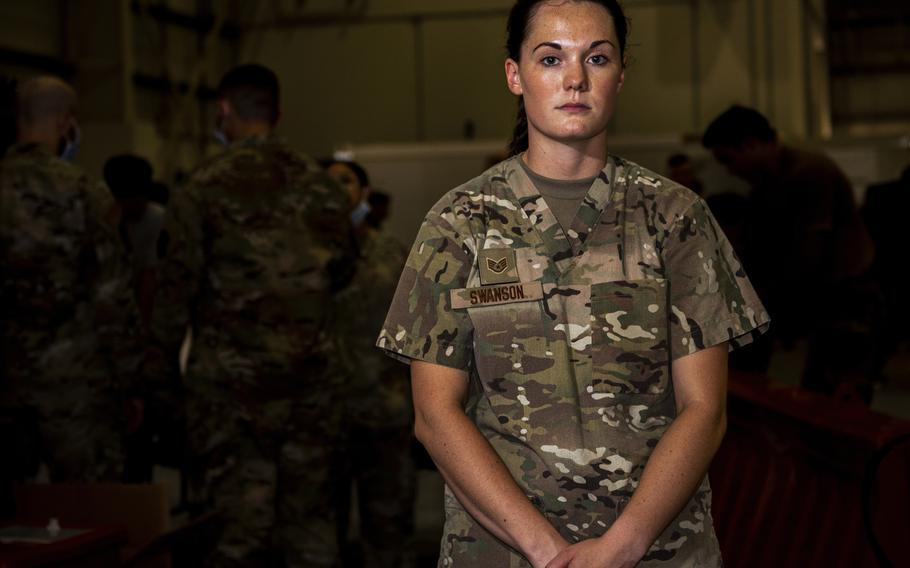 Staff Sgt. Abigail Swanson, a 379th Expeditionary Medical Operations Squadron medical technician at Al Udeid Air Base, Qatar, Aug. 23, 2021. Swanson, who is also a North Dakota Air National Guard member, has been assisting Afghan evacuees and their children.