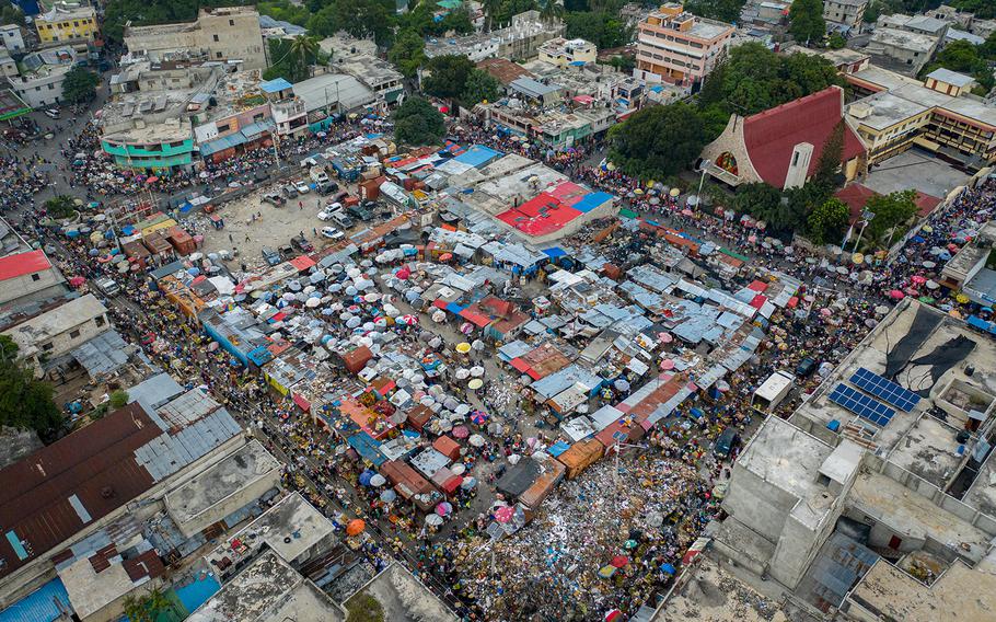 An aerial view shows a street market in Port-au-Prince, Haiti, on Oct. 29, 2021. 