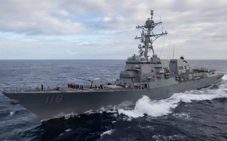 The Arleigh Burke-class guided-missile destroyer USS Daniel Inouye in the Pacific Ocean on Jan. 19, 2024.