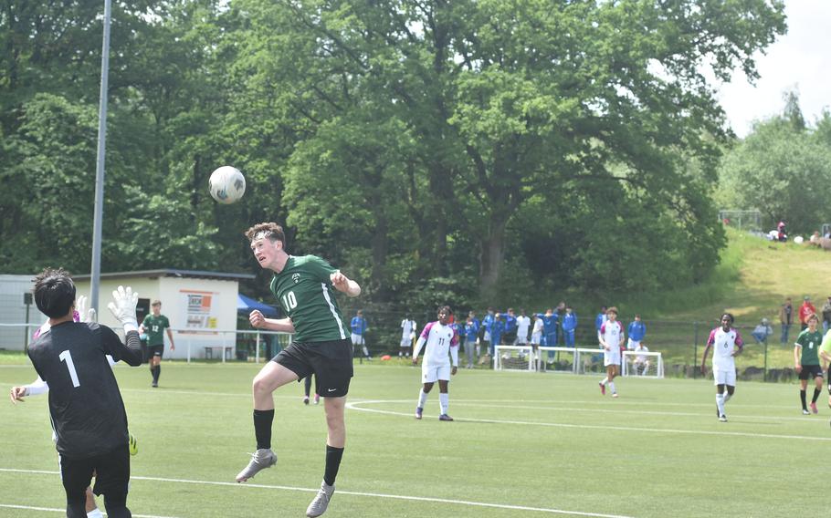 Naples' Jackson Shorey almost had three goals Wednesday, May 22, 2024, but though he got the ball over the head of Bahrain's Jacob Courts, defender Mohamed Aljishi booted it away before the crossed into the goal.