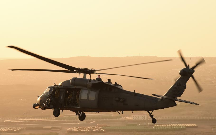An HH-60 Pave Hawk flies to an airfield near Camp Lemonnier, Djibouti, April 11, 2017. 