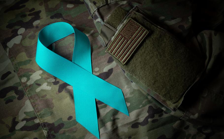 The teal ribbon is a national symbol of support for victims of sexual assault, and is used by the Defense Department’s Sexual Harassment/Assault Response and Prevention programs. A Government Accountability Office review found that the armed services failed to fully implement more than 10% of legally imposed requirements to address sexual assault, including some that date to more than 15 years ago. 