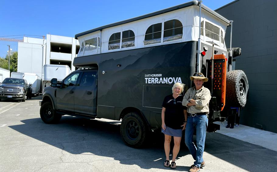 EarthCruiser founders Michelle Boltz and Lance Gillies with the company's Terranova overland expedition vehicle in Los Angeles.