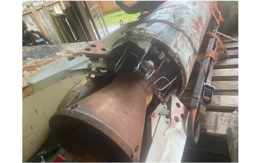 The police bomb squad identified the inert munition as a Douglas AIR-2 Genie air-to-air rocket designed to carry a 1.5-kiloton nuclear warhead. It was found in a garage in Bellevue, Wash.