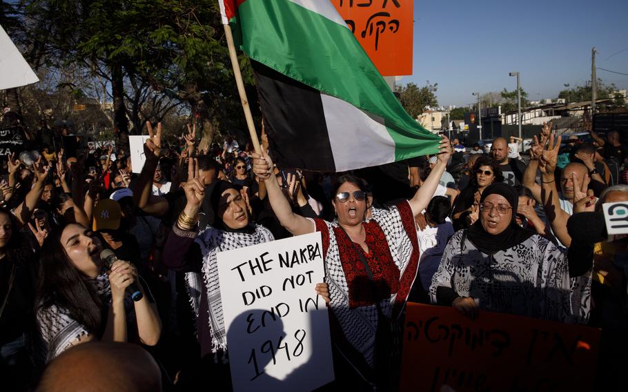 Palestinian citizens of Israel demonstrate in Jaffa against Israeli airstrikes against Gaza in May 2021.