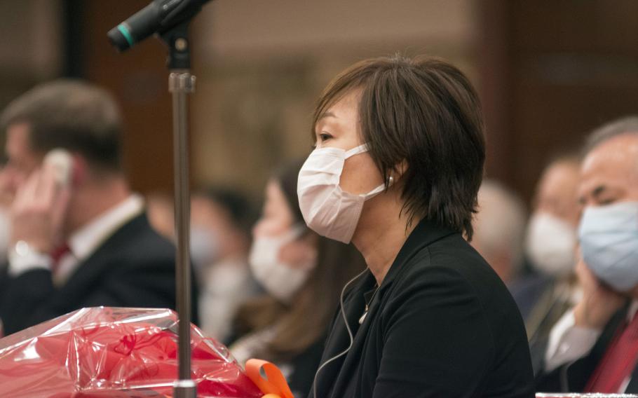 Akie Abe, the widow of assassinated former Japanese Prime Minister Shinzo Abe, attends a lecture by former Deputy Secretary of State Richard Armitage at the Japan National Press Club in Tokyo, Thursday, Dec. 1, 2022.