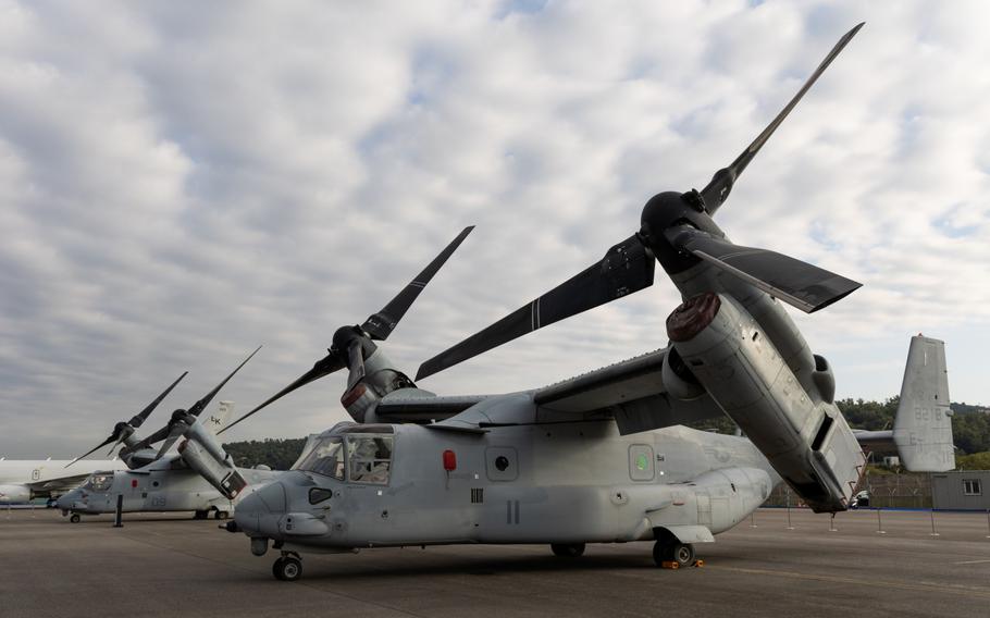 A U.S. Navy V-22 Osprey aircraft on display at the Seoul International Aerospace & Defense Exhibition at Seoul Airport in Seongnam, South Korea, on Oct. 18, 2021. 