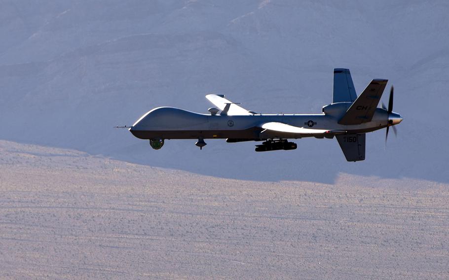 An MQ-9 Reaper flies a training mission over the Nevada Test and Training Range in July 2019. A Russian Su-27 aircraft struck the propeller of an MQ-9 on March 14, 2023, causing the drone to crash in international waters.
