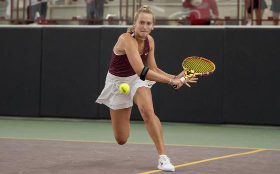 Minnesota sophomore Aiva Schmitz goes to hit the ball during a match at the Gopher Invitational on Sept. 15, 2023, at the Baseline Tennis Center in Minneapolis. Schmitz, a 2022 Kaiserslautern High School graduate, earned Big Time Co-Player of the Week honors on March 13, becoming the first Golden Gopher in four years to do so.