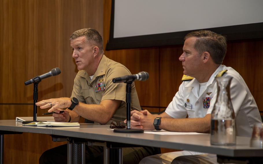 U.S. Marine Corps Brig. Gen. Jason Woodworth, left, the commanding general of Marine Corps Installations West, Marine Corps Base Camp Pendleton, and Rear Adm. Brad Rosen, the commander of Navy Region Southwest, speak during an event at the Scripps Institution of Oceanography, California, September 7, 2022. The letter recently sent by Woodworth alerted about 18,000 people at the San Onofre housing area, where Marines live with their families, as well as the Fifth Marine Regiment and the School of Infantry that results on Feb. 14  from the base’s northern water treatment plant tested at 23.5 parts per trillion in the drinking water, which is higher than the reporting threshold the state’s Department of Drinking Water set in October at 20 parts per trillion.