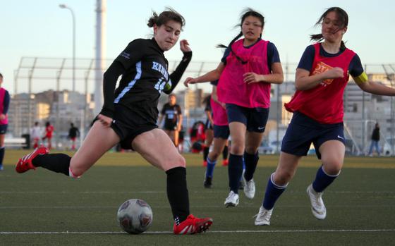 Kinnick's Giovanna Kennedy pulls the trigger on a shot against CAJ. She scored two goals and now has 11 for the season.