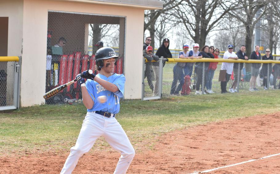 Sigonella's Jonathan Eimicke watches a curve ball cross the plate for a strike Saturday, March 18, 2023, during a game against the Aviano Saints.