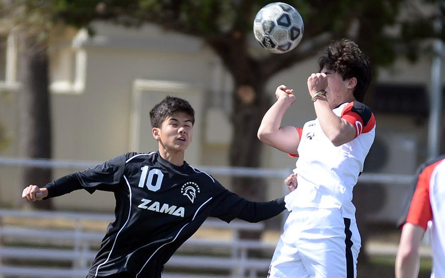 Nile C. Kinnick's Vian Barrera goes up to head the ball against Zama's Gabriel Rayos during Saturday's DODEA-Japan soccer match. The teams battled to a 1-1 draw, the first non-win for Kinnick since April 20, 2019.