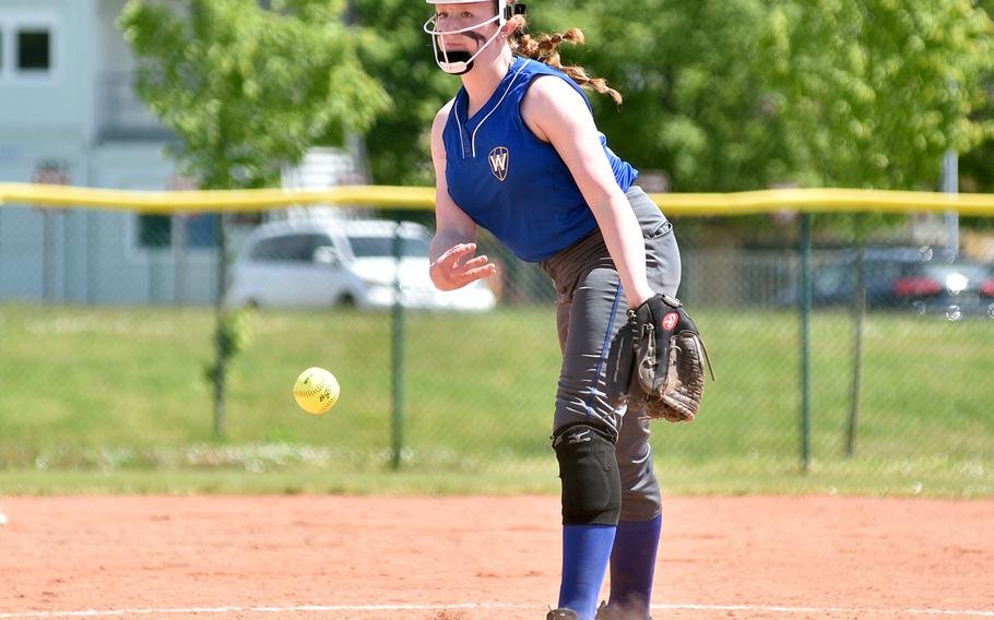 Wiesbaden pitcher Quinn Stout throws during a Division I DODEA European quarterfinal against Stuttgart on May 19, 2023, on Ramstein Air Base, Germany. The Warriors defeated the Panthers 9-3 and followed that with a 8-3 win over Kaiserslautern in the semifinals.