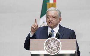 FILE - Mexico's President Andres Manuel Lopez Obrador speaks during a rally marking his fifth anniversary in office, at the Zocalo in Mexico City on July 1, 2023. Mexico’s armed forces sent troops, vehicle convoys and helicopters into remote towns near the southern border with Guatemala on Wednesday, Sept. 27, after drug cartels blocked roads and cut off electricity in some areas over the weekend. Lopez Obrador acknowledged Monday that the cartels have cut off electricity in some towns and forbidden government workers from coming in to the largely rural area to fix the power lines. (AP Photo/Aurea Del Rosario, File)