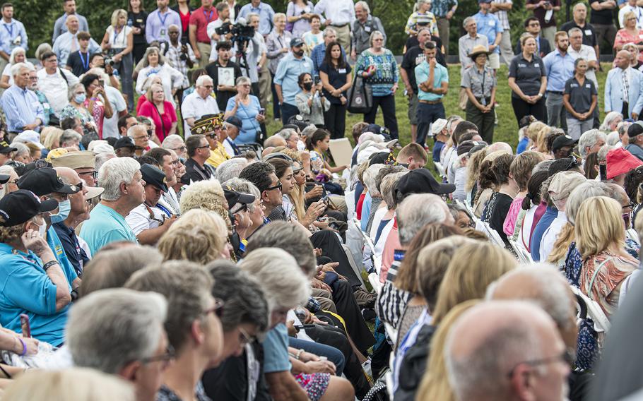 Hundreds of people attend an event at the Korean War Memorial in Washington, D.C., on Tuesday, July 26, 2022.
