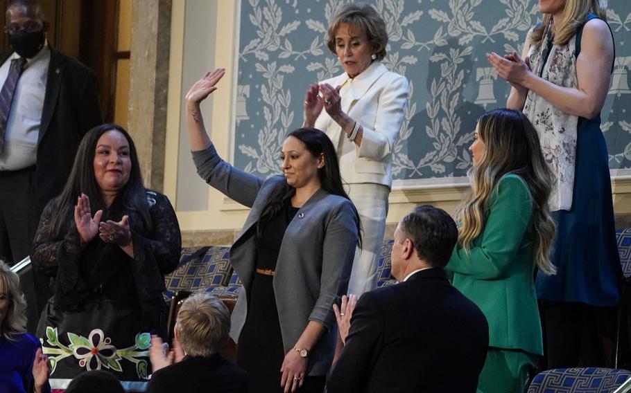 Danielle Robinson, guest of first lady Jill Biden, is recognized during President Joe Biden’s State of the Union address to a joint session of Congress on Tuesday, March 1, 2022, at the Capitol in Washington. 