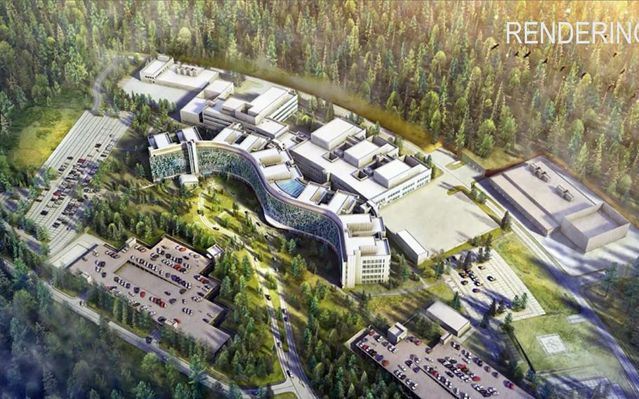 An artist’s rendering of the Rhine Ordnance Barracks Medical Center in Weilerbach, Germany, shows the wavy front that symbolizes a flag. A contract worth $970 million to complete the hospital, which replaces Landstuhl Regional Medical Center, was signed in 2022. 