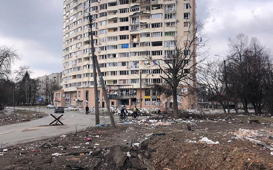 Building damaged by strikes. 