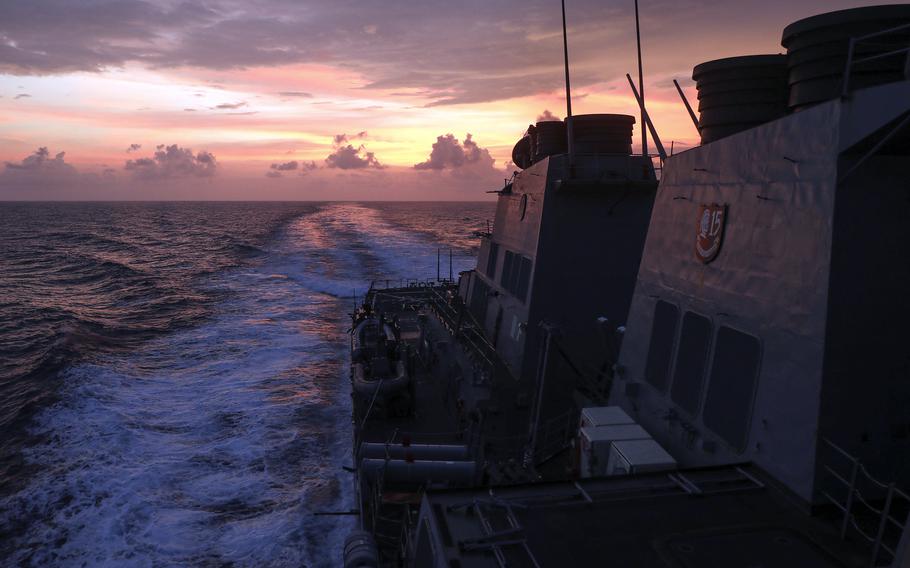 The guided-missile destroyer USS Milius, seen here in the South China Sea on April 14, 2023, steamed through the Taiwan Strait two days later.