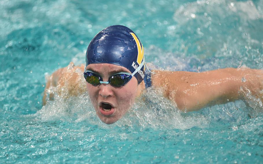 Kendall Kaloostian of Wiesbaden competes in the 17-to-19-year-old girls 100-meter butterfly on Saturday during the European Forces Swim League Short Distance Championship at the Pieter van den Hoogenband Zwemstadion at the Zwemcentrum de Tongelreep.