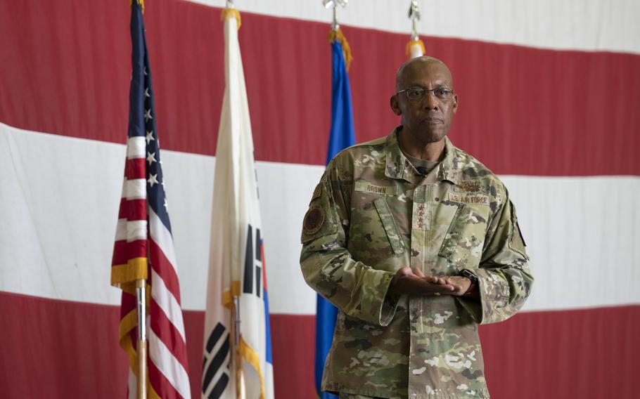 Air Force Chief of Staff Gen. Charles Q. Brown Jr. listens to an airman’s question at Osan Air Base, South Korea, Aug. 12, 2022. Brown is the White House’s choice to be named the next chairman of the Joint Chiefs of Staff, reports say.