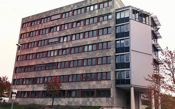 The financial court building in Neustadt, Germany. It is where Rheinland-Pfalz income tax dispute cases are litigated, including those involving American citizens working in Germany under the NATO Status of Forces Agreement. One Ramstein military civilian was charged about $300,000 in penalties on his U.S. paycheck, a practice the State Department says misinterprets SOFA. 