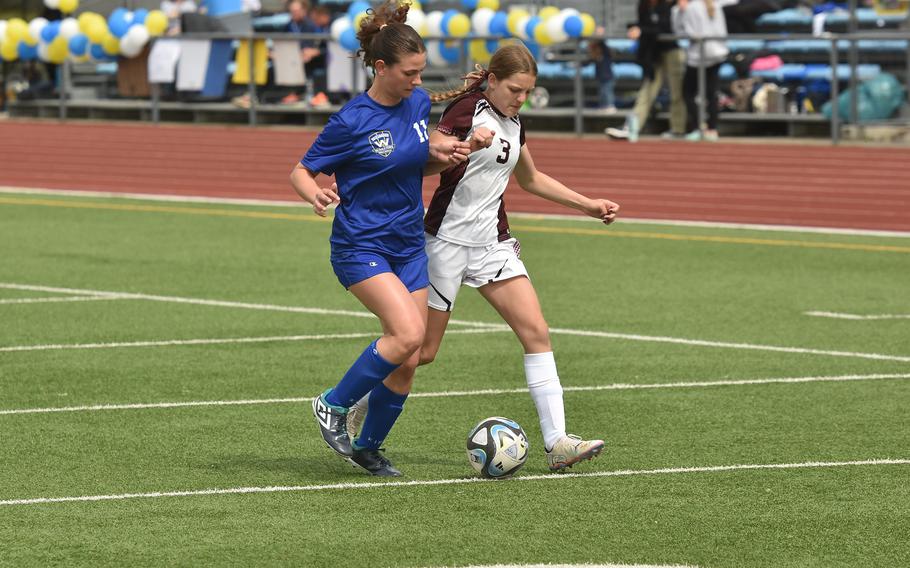 Wiesbaden's Hailey Stelker defends against Vilseck freshman Khloe Tokash during a game in Wiesbaden, Germany, on May 4, 2024.